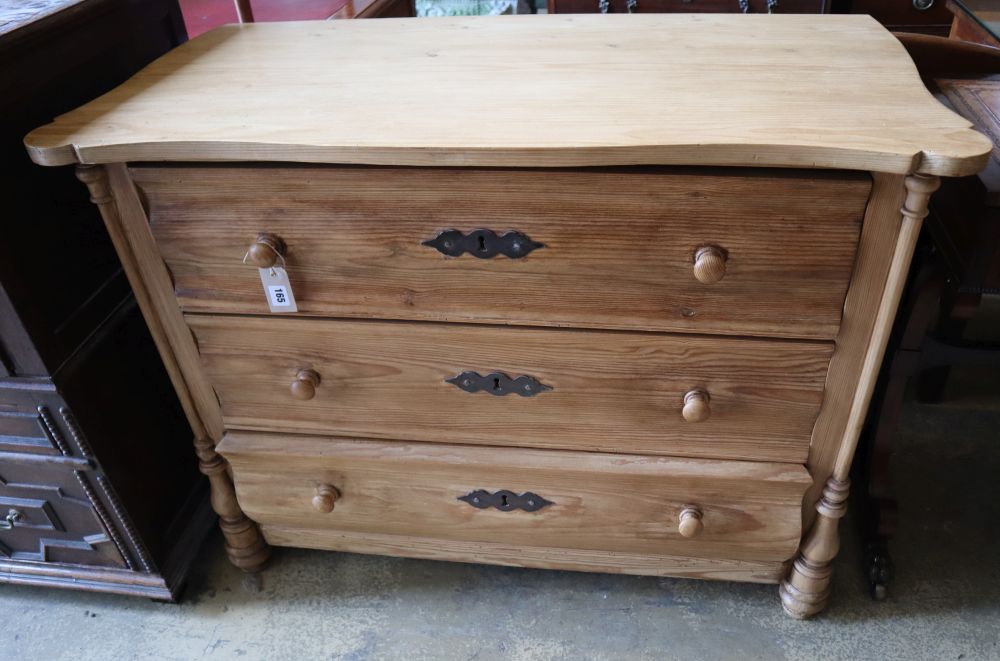 A late 19th century Continental stripped pine chest of three drawers, width 106cm depth 53cm height 81cm